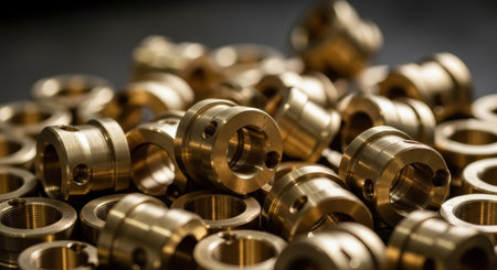 A pile of golden brass industrial parts, such as bushings or couplings, used in precision manufacturing and engineering.の素材