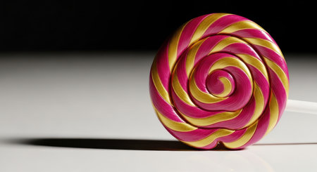 A vibrant pink and gold swirl lollipop with a spiral pattern resting on a light surface, casting a shadow against a dark background.の素材