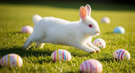 A white rabbit hops through vibrant green grass, surrounded by colorful decorated easter eggs. This scene captures the essence of a traditional easter egg hunt.の素材