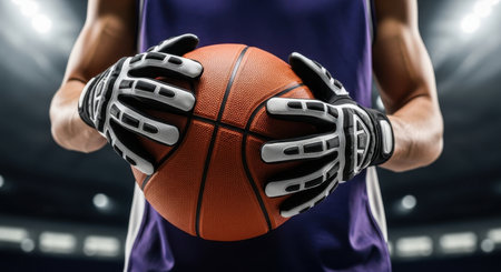A basketball player hands in gloves holding a basketball on a court with stadium lights in the background. Represents sport, competition, and game.の素材