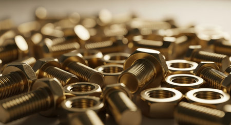A close up view of a pile of shiny golden brass bolts and nuts, illustrating industrial hardware and fastening components.の素材