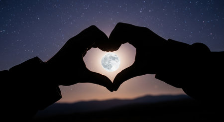 Silhouette of hands forming a heart shape around a bright full moon in a starry night sky, symbolizing love and connection.の素材