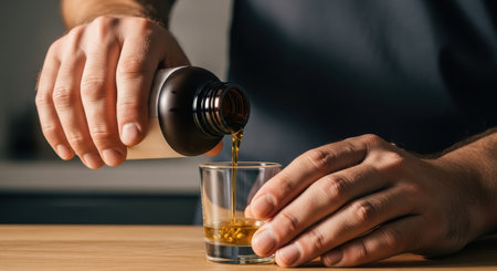 A man hands are pouring amber liquid from a dark bottle into a clear shot glass on a wooden table. The scene depicts preparing a drink.の素材