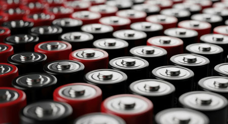 A close up view of a large group of black and red cylindrical batteries arranged in neat rows, highlighting concepts of energy, power, and storage.の素材