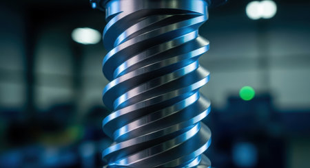 Close up of a shiny metallic screw thread or worm gear, highlighting its precise spiral design and industrial engineering. The metal surface reflects light, emphasizing its robust construction.の素材