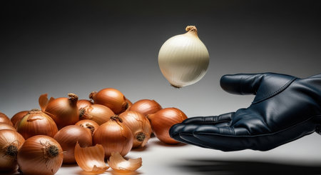 A gloved hand presents a floating white onion, contrasting with a pile of brown onions on a grey background. Represents choice, selection, and fresh produce.の素材