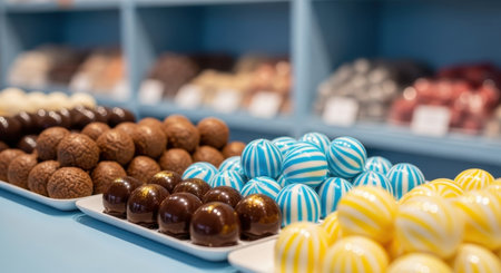 An enticing display of various chocolates and colorful candies, including rich chocolate truffles, shiny bonbons, and vibrant striped sweets, arranged neatly in a confectionery shop.の素材