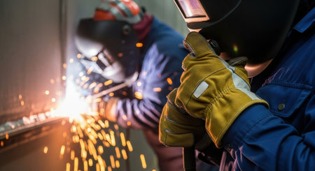 Two industrial welders in protective helmets and gloves perform metalwork, generating bright sparks. Focus on skilled labor and safety in manufacturing.の素材