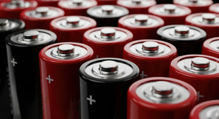 Close up view of multiple red and black aa batteries arranged in rows, showing the positive terminals. Represents energy, power, and consumer electronics.の素材