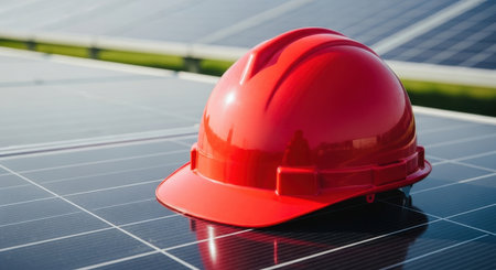 A red hard hat rests on a dark solar panel with other solar panels visible in the background under sunlight. This symbolizes safety and renewable energy development.の素材