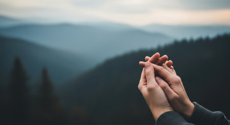 Close up of clasped hands against a blurred background of misty mountains and forests. The hands suggest prayer, hope, contemplation, or spiritual connection in nature.の素材