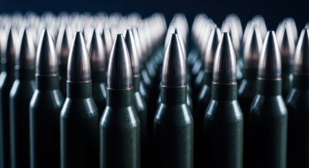 A close up view of numerous rifle bullets standing upright in organized rows. The green casings and silver tips of the ammunition are clearly visible, conveying themes of military, war, and conflict.の素材