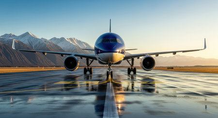 A commercial jet airplane stands on a wet airport runway during golden hour, with snow capped mountains in the background. The aircraft reflects on the wet tarmac.の素材
