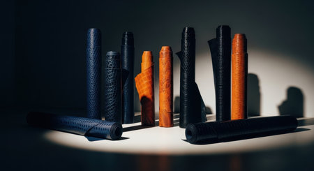 Various rolls of textured material, resembling exotic leather with crocodile and snake skin patterns, in shades of dark blue, black, and orange brown, arranged with dramatic lighting.の素材
