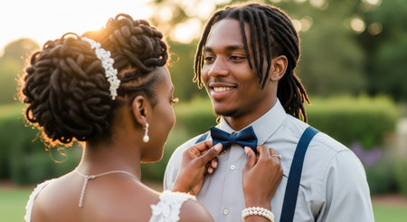 A loving african american bride adjusts her groom bow tie outdoors during their wedding day. The couple shares an intimate moment, smiling happily in soft golden hour light.の素材
