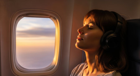 A woman with headphones rests comfortably in an airplane seat, bathed in warm sunlight from the window during a serene flight at sunset.の素材