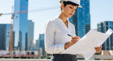 A focused female architect in a hard hat reviews blueprints on a construction site with a city skyline background. She is writing on the plans, embodying professionalism and urban development.の素材