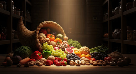 A cornucopia overflows with a bountiful assortment of fresh fruits, vegetables, and nuts on a wooden table, symbolizing abundance and harvest.の素材