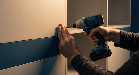 Close up of a man hands using a cordless power drill to assemble new flat pack furniture. He is screwing a part into a cabinet or shelf, focusing on home improvement.の素材