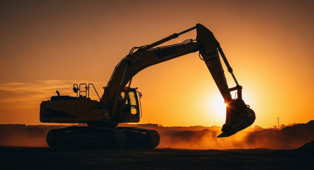 A silhouette of a heavy excavator with a large shovel bucket against a vibrant orange and yellow sunset sky. The machine stands on a construction site, highlighting industry and development.の素材