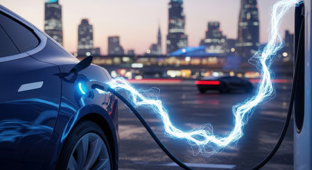 A blue electric car is charging at a station with bright blue electricity flowing through the cable in an urban city environment at dusk.の素材