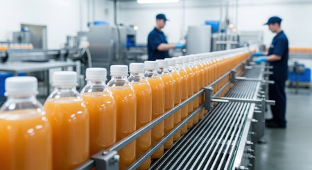 Bottles of orange juice move along a conveyor belt in a modern food processing factory, with workers in the background. Industrial production of beverages.の素材