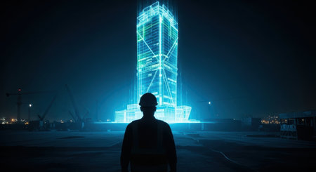 A silhouette of an engineer or architect in a hard hat observes a glowing holographic building projection at a dark construction site. The digital skyscraper blueprint represents future technology and smart city development.の素材