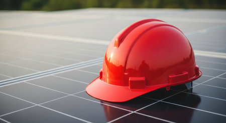 A red hard hat rests on a solar panel, symbolizing safety and renewable energy in solar power plant construction.の素材