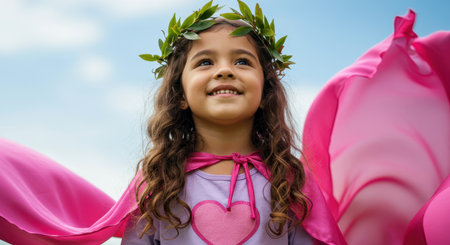 A confident young girl in a pink superhero cape and a leafy wreath smiles and looks up at the sky. She embodies hope, imagination, and empowerment for a bright future.の素材