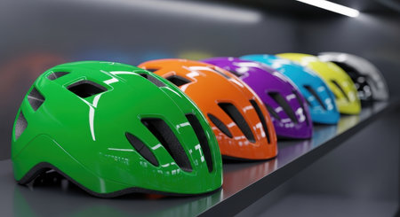 A vibrant line of colorful bicycle helmets displayed neatly on a shelf in a modern retail store, showcasing a wide variety of options for cycling enthusiasts and promoting safety.の素材