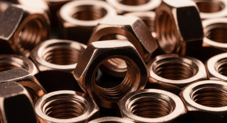 Close up view of numerous shiny copper colored hex nuts scattered, highlighting their threaded interiors and metallic texture. Represents industrial fastening and hardware.の素材