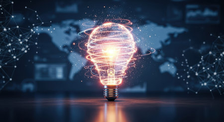 A glowing light bulb surrounded by abstract digital lines and particles, set against a dark background with a global map and network connections. Represents innovation, global ideas, and technological advancement.の素材