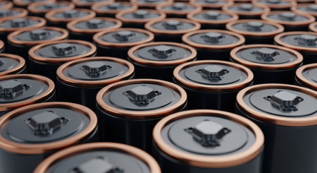 A close up view of many cylindrical batteries arranged in rows, featuring black bodies, copper rings, and dark grey tops. Represents energy storage and power.の素材