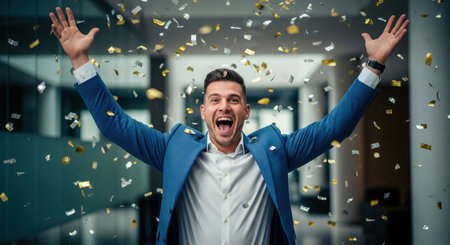 A joyful businessman in a blue suit celebrates success with arms raised high as golden and silver confetti falls around him in a modern office setting.の素材