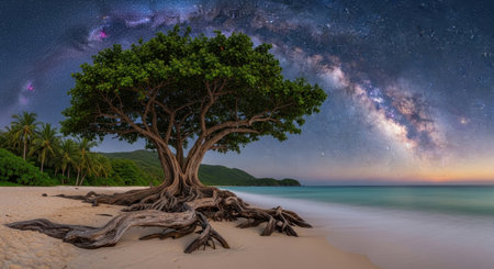 A majestic tree with exposed roots on a tropical sandy beach under a vibrant milky way night sky, with calm turquoise sea and distant mountains.の素材