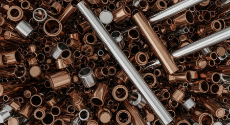 A top down view of a large pile of assorted metal pipes and tubes in various sizes and finishes, including copper and silver tones, creating an abstract industrial background.の素材