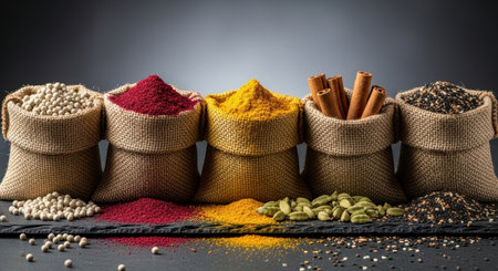Burlap sacks filled with an assortment of colorful spices like white pepper, turmeric, cinnamon, and black sesame, with some spilled on a dark surface.の素材