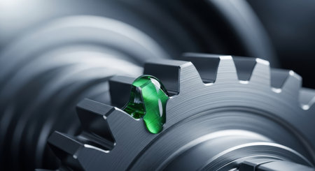 Close up of a shiny metal gear with a vibrant green drop of lubricant on its tooth. Represents industrial machinery, maintenance, and efficiency.の素材