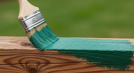 A paintbrush applies a fresh coat of green paint onto a weathered wooden board, with visible wood grain and a blurred green background.の素材