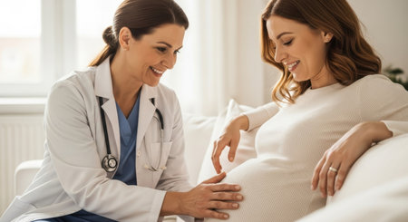 Smiling female doctor gently touches the belly of a happy pregnant woman during a prenatal check up, symbolizing healthcare and support.の素材