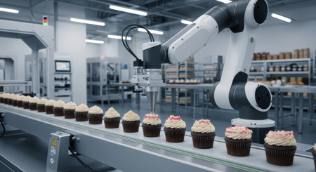 A sophisticated robotic arm precisely pipes frosting onto chocolate cupcakes moving along a conveyor belt in a modern, automated food production factory, showcasing industrial efficiency and advanced technology.の素材
