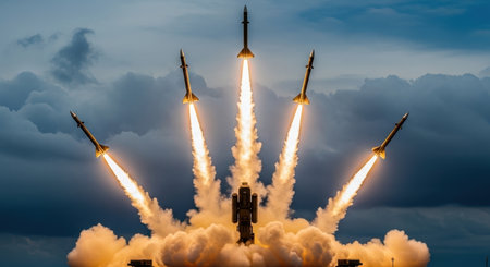 Five powerful military missiles launching simultaneously into a dark, cloudy twilight sky, leaving trails of bright propulsion flames and smoke. Represents defense, power, and advanced technology.の素材