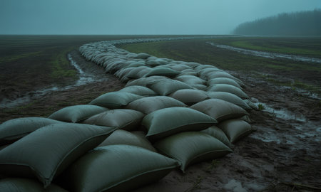 Extensive winding line of dark green sandbags forming a protective barrier on damp, muddy terrain. The scene features a somber, misty sky, suggesting flood control, erosion prevention, or defense in a natural landscape.の素材