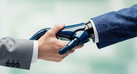 Human hand in a suit sleeve shaking a blue robotic hand, representing collaboration, innovation, and future technology in the business world.の素材
