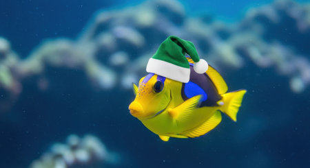 Vibrant yellow tropical fish with blue accents wearing a festive green santa hat, swimming in clear blue water. Represents holiday cheer, marine life, and underwater celebration.の素材