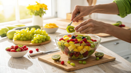 Woman hands assembling a vibrant fruit salad in a glass bowl, featuring diced mango, kiwi, raspberries, and blueberries on a bright kitchen counter with fresh grapes and limes.の素材