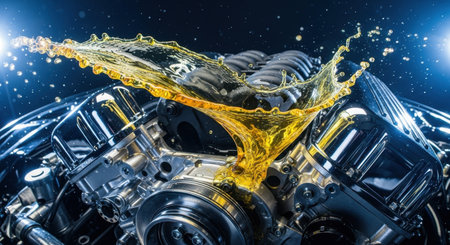 Golden yellow oil splashing dynamically over a gleaming, powerful automotive engine, emphasizing lubrication, maintenance, and high performance for modern vehicles.の素材