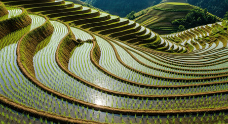 Lush green terraced rice paddies on a steep mountainside, reflecting sunlight in the water filled steps, showcasing agricultural beauty and traditional farming.の素材