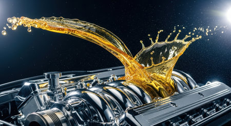 Golden yellow lubricant splashing dynamically over a polished automotive engine, highlighting performance, protection, and advanced maintenance technology in a studio setting.の素材