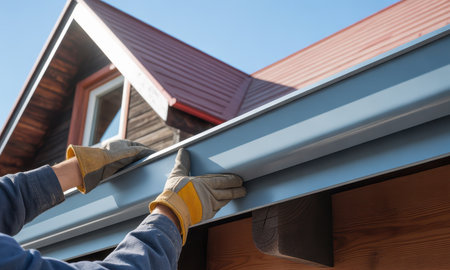 Close up of a professional gloved hands installing a light grey rain gutter onto the eaves of a wooden house, with a red roof and clear blue sky visible.の素材